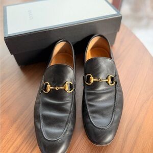 Gucci Men's Black Leather Slip-On Loafers with Gold Hardware